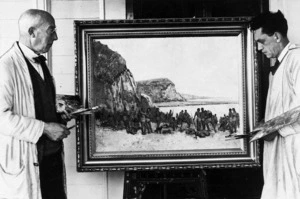 Charles Duncan Hay-Campbell and Oriwa Tahupotiki Haddon with their painting depicting the arrival of Turi at Patea in 1350