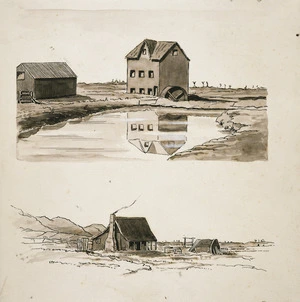 Morris, John Thomas, 1827-1890 :The first flourmill in South Canterbury, at Milford, erected by John Hayhurst in 1864. First accommodation house at The Point, 1884. [Copied in 1916]