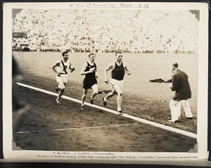 Photograph of Jack Lovelock and others after two laps of the 1935 Princeton mile