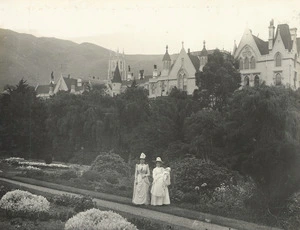 Lady Onslow, and a woman holding baby Huia Onslow, in the garden of Government House, Wellington