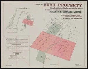 Plan of bush property situate between Waikanae and Te Horo : to be sold by public auction by Dalgety & Company, Limited ... on Tuesday, 21st January, 1908 at 2 p.m. / W.O. Beere, authorised surveyor.