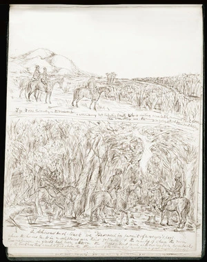 Hawkins, William Webster, 1842-1918 :A delicious bush-track we traversed in pursuit of surveyors' pegs, where the horses sank ... over their fetlocks and the marks of where the River Ruamahanga in floods had been, were on the trees about level with our heads on horseback and the track was then about 15 feet above the then level of the river ... [1867]