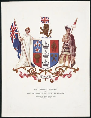 Artist unknown :The armorial bearings of the Dominion of New Zealand. Authorized by Royal Warrant, dated 26th August 1911.