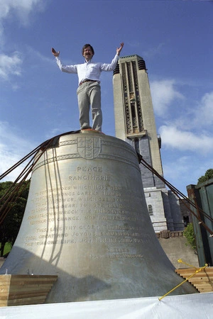National carillonist Timothy Hurd and the new bell for the National War Memorial, Wellington - Photograph taken by Phil Reid