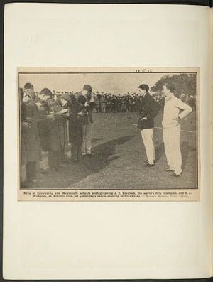 Newspaper photograph of Jack Lovelock and D A Rickards being photographed by schoolboys at Crewkerne School