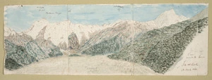 Haast, Johann Franz Julius von, 1822-1887: View towards the sources [and Moorhouse Range]. Tor Mt Cook. 28 March 1862