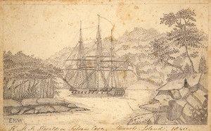 Williams, Edward Marsh, 1818-1909 :H.M.S Herald in Sylvan Cove, Stewarts [sic] Island, 1840.