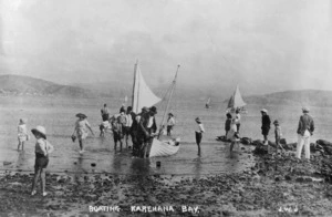 Group and yachts at Karehana Bay, Porirua