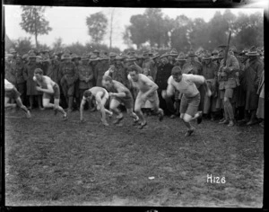 Start of the 100 yards race at the New Zealand Division sports day in Doulieu, France during World War I