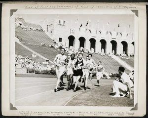 Photograph of Jack Lovelock and others running in the final of the Los Angeles Olympics 1500 metres