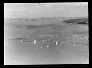 Portions of the span being floated on the Waitemata Harbour during construction of Auckland Harbour Bridge