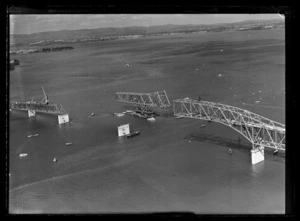 Portions of the span being floated on Waitemata Harbour during construction of Auckland Harbour Bridge