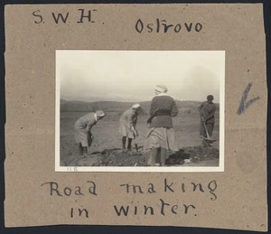 Medical staff making a road in winter, at the main hospital camp of the 7th Medical Unit of the Scottish Women's Hospitals for Foreign Service, at Ostrovo, Macedonia, Serbia, during World War I
