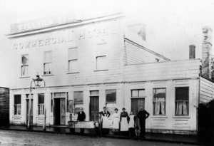 Members of a family (possibly Von Haast) outside the Commercial Hotel in Tapanui
