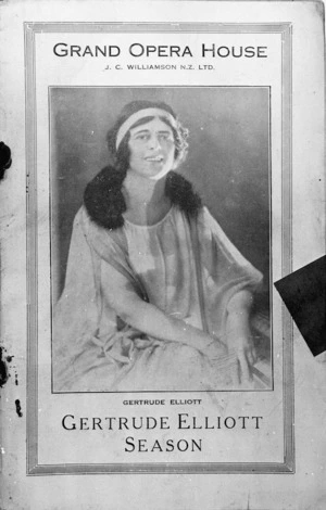 Grand Opera House (Wellington) :Gertrude Elliott season. [Cover of programme for "Smilin' through", commencing Saturday January 5th, 1924].