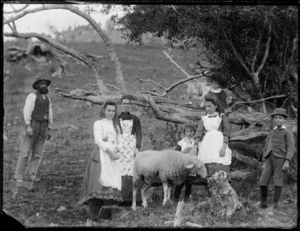 Unidentified family with a sheep, probably in the Christchurch region