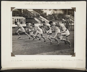 Photograph of Jack Lovelock and others at the start of the mile race at the Oxford vs Cambridge University Sports