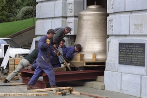 Moving the new carillon bell into the foyer of the National War Memorial, Wellington - Photograph taken by Ross Giblin