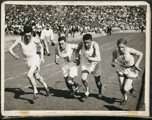 Photograph of Jack Lovelock, R H Thomas and others competing in a mile race in Glasgow
