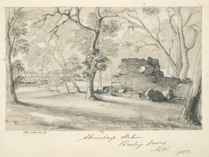 Rees, William Gilbert, 1827-1898 :Old wool shed, Stonehenge Station, Darling Downs. 1853.