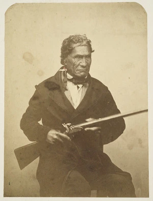 Crombie, John Nichol, 1827-1878. Attributed works :Patuone. Brother of the loyal and faithful chief Tamati Waka, uncle of Pomare, who as soon as he saw my portrait immediately recognised the feature and rubbed noses with it at Tottenham. [Between 1855 and 1862].