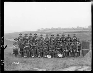 An army band at a World War I camp in England