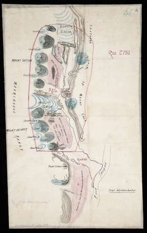 [Wright, W C, fl 1884-1890] :[Map of Reserve 2652 situated between the Moorehouse Range and southern spur of Mt Cook and surrounds] [ms map]. [1884]