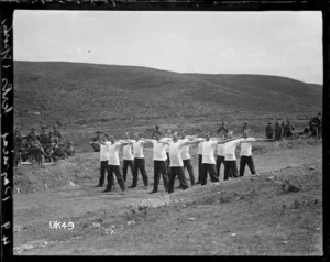 A team doing physical exercises at a World War I camp, England