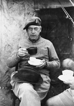 Photograph of Peter Fraser drinking tea on the front line at Monte Cassino