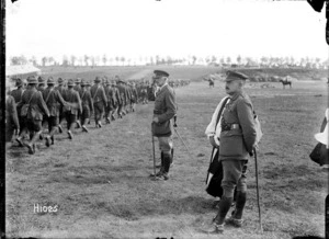 The Corps Commander takes the salute after a New Zealand Brigade church service in World War I