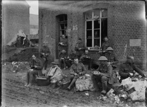 Wellington soldiers eating a meal in Solesmes, France, World War I