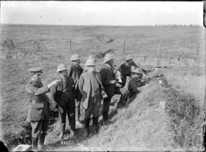 Visiting New Zealand journalists on the battlefield at Haplincourt, World War I