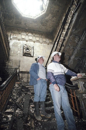 Mainzeal workers on Parliamentary Library staircase after fire