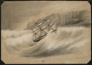 Clarke, Cuthbert Charles 1819-1863 :Beaching of the French corvette L'Alcmene, near Kaipara, New Zealand, 3 June 1851