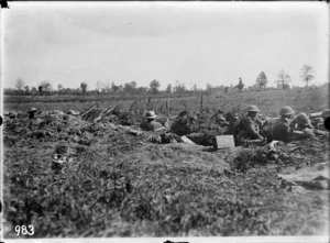 A Wellington Regiment waiting in a trench to enter Bapaume, World War I