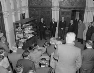 After the unveiling of a Coronation vase facsimile, General Assembly Library, Parliament Buildings, Wellington - Photograph taken by B Clark