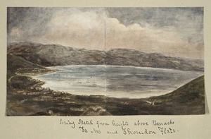 Pearse, John 1808-1882 :[Views of Wellington ca 1852]. Evening sketch from heights above Barracks of Wellington. Te Aro and Thorndon Flats.