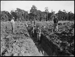 Men digging a drainage ditch, Kaitaia