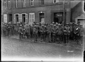 New Zealand soldiers waiting for the canteen to open, Beauvois, France, World War One
