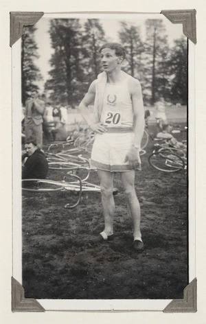 Photograph of Jack lovelock after winning at an athletics meeting