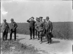 Prime Minister William Massey and Sir Joseph Ward observe New Zealand troop exercises, Bois-de-Warnimont, France