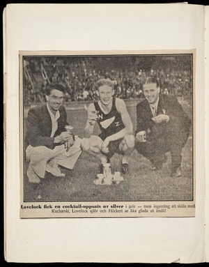 Newspaper photograph of Jack Lovelock with his prize after a victory in Sweden