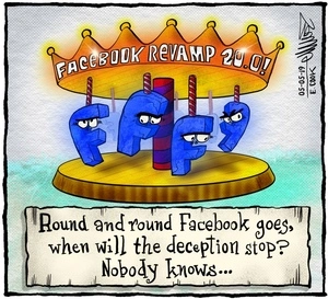 Blue 'F' letters ride the "Facebook Revamp 20.0!" merry-go-round