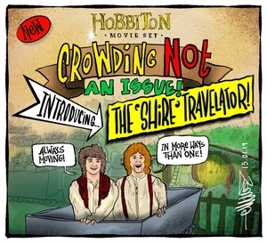 Tourists on the "Hobbiton movie set 'Shire' travellator"