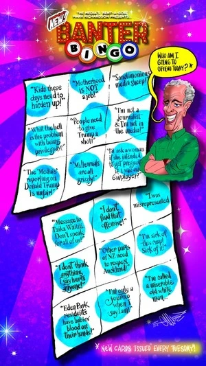 Television host Mark Richardson presents "New Banter Bingo" and asks "Who am I going to offend today?"