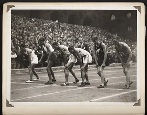 Photograph of Jack Lovelock and others at the start of a 1500 metres race at Stockholm