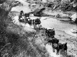 Coaches crossing the Devil's Elbow on the road between Tutira, Napier and Wairoa