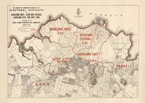 Map showing the boundaries and names of the electoral districts of Auckland West, Auckland Central, Auckland East and Grey Lynn as defined by the North Island Representation Commission, January 1907.
