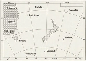 New Zealand Meteorological Service forecasting chart for New Zealand and surrounding seas.