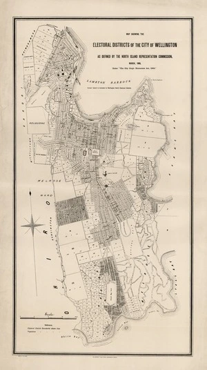 Map showing the electoral districts of the city of Wellington as defined by the North Island Representation Commission, March 1905 : under "The City Single Electorates Act, 1903."